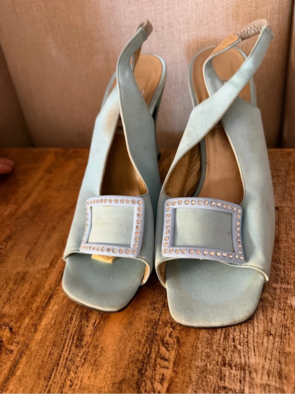 Versace Pale Blue Slingback Heels with Rhinestone Buckle